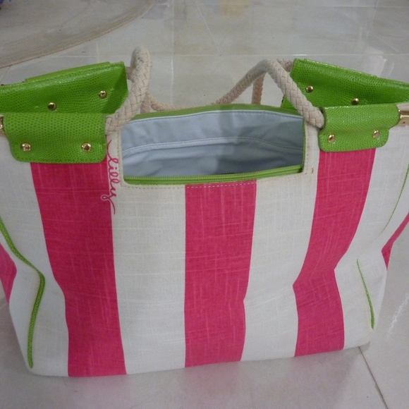 Lilly Pulitzer Striped Large Canvas Tote Bag PINK White GREEN  2 Piece 15 X 12'' - Picture 6 of 14